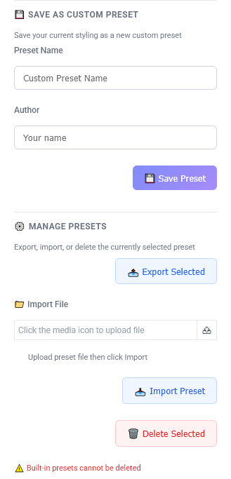Manage Presets - Export Panel